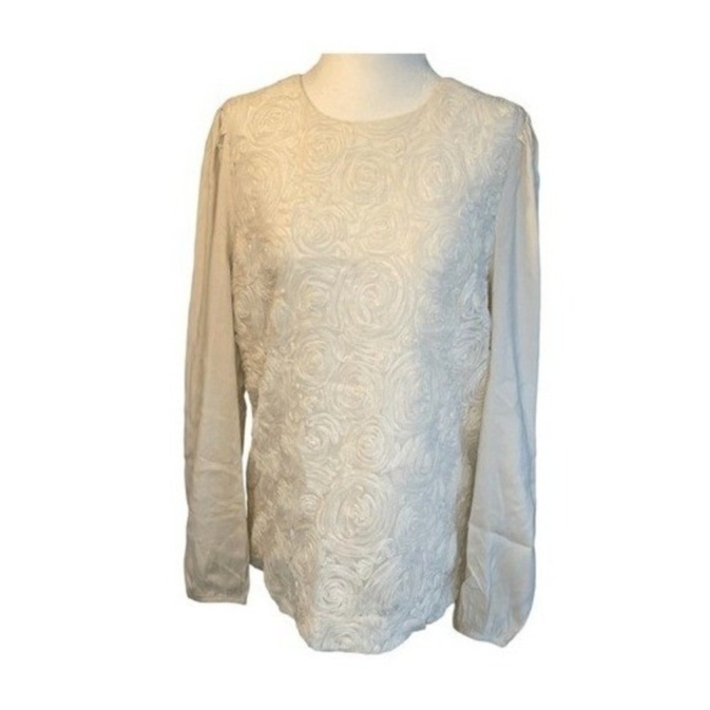 Mixxo Floral Lace Blouse Ivory‎ Rosette Embellished Crewneck Long Sleeves M